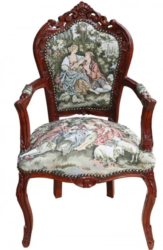 Casa Padrino Barock Esszimmer Stuhl mit Armlehne Gobelin "Love Story " - Antik Stil Neu