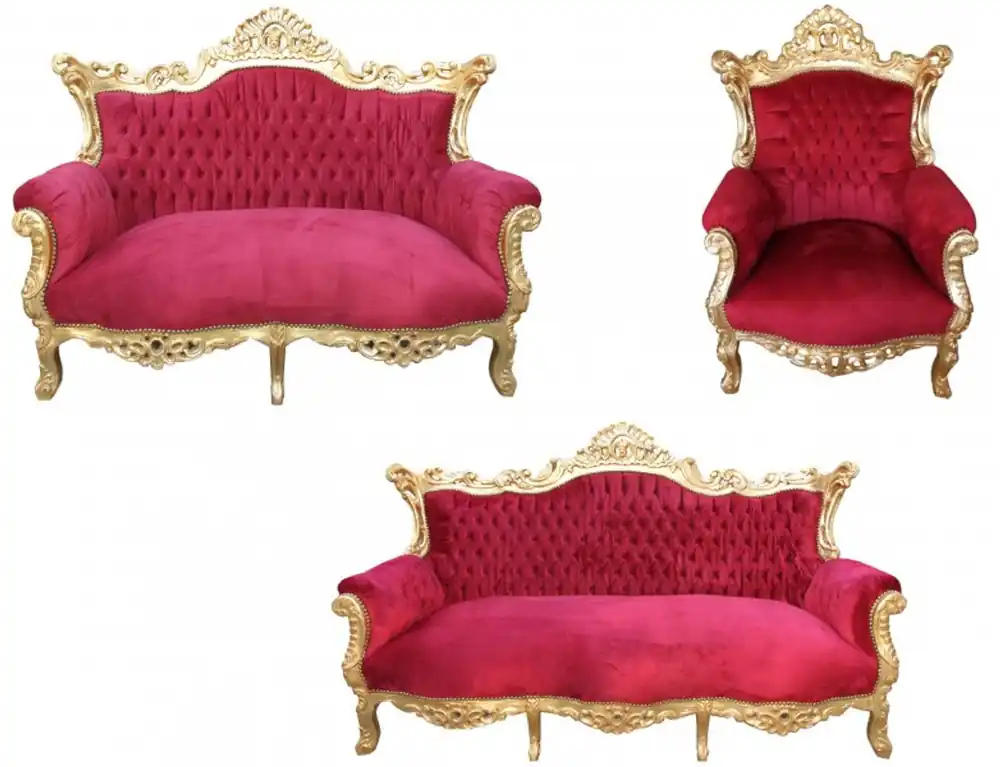 Casa Padrino Barock Wohnzimmer Set Master Bordoaux Rot/ Gold - 3er Sofa+2er Sofa + 1 Sessel - Möbel Interior Preiswert