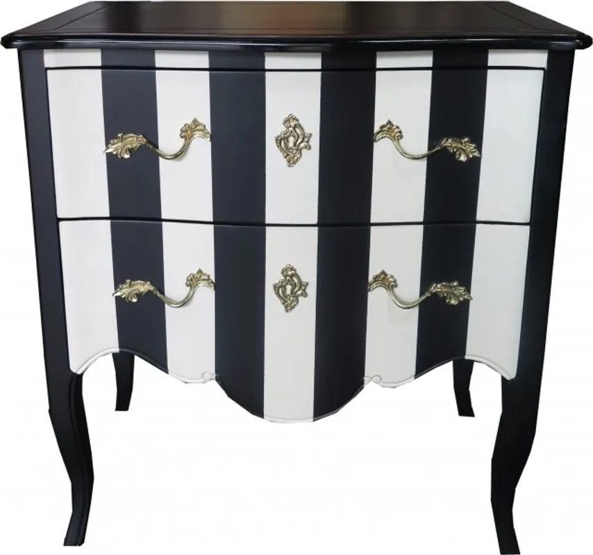 Casa Padrino Barock Kommode Schwarz / Weiß Streifen / Holzfarben mit Gold Applikationen 80 cm - Schrank mit 2 Schubladen Preisreduziert
