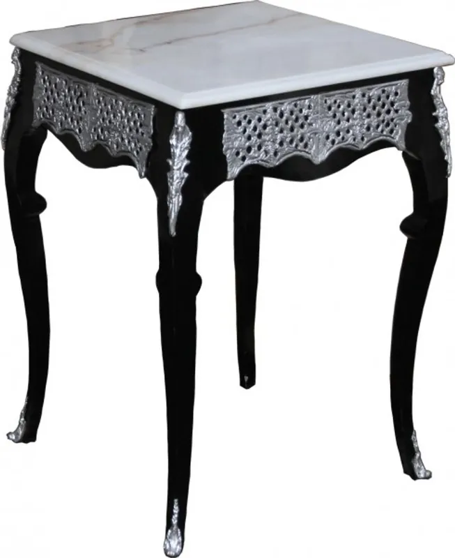 Casa Padrino Barock Beistelltisch mit Marmorplatte Höhe 80 cm, Breite 55 cm, Schwarz / Weiss / Silber - Antik Stil Direktkauf