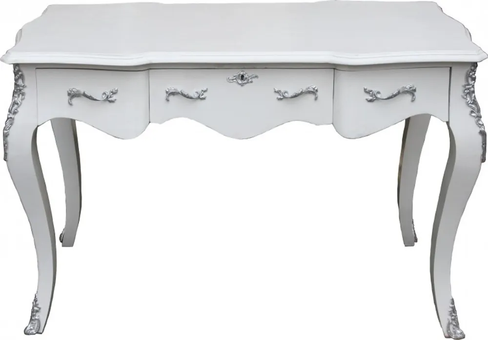 Casa Padrino Luxus Barock Konsolentisch Weiss/Silber 120 x 80 x 58 cm - Damen Schreibtisch - Sekretär Luxus Möbel Echt