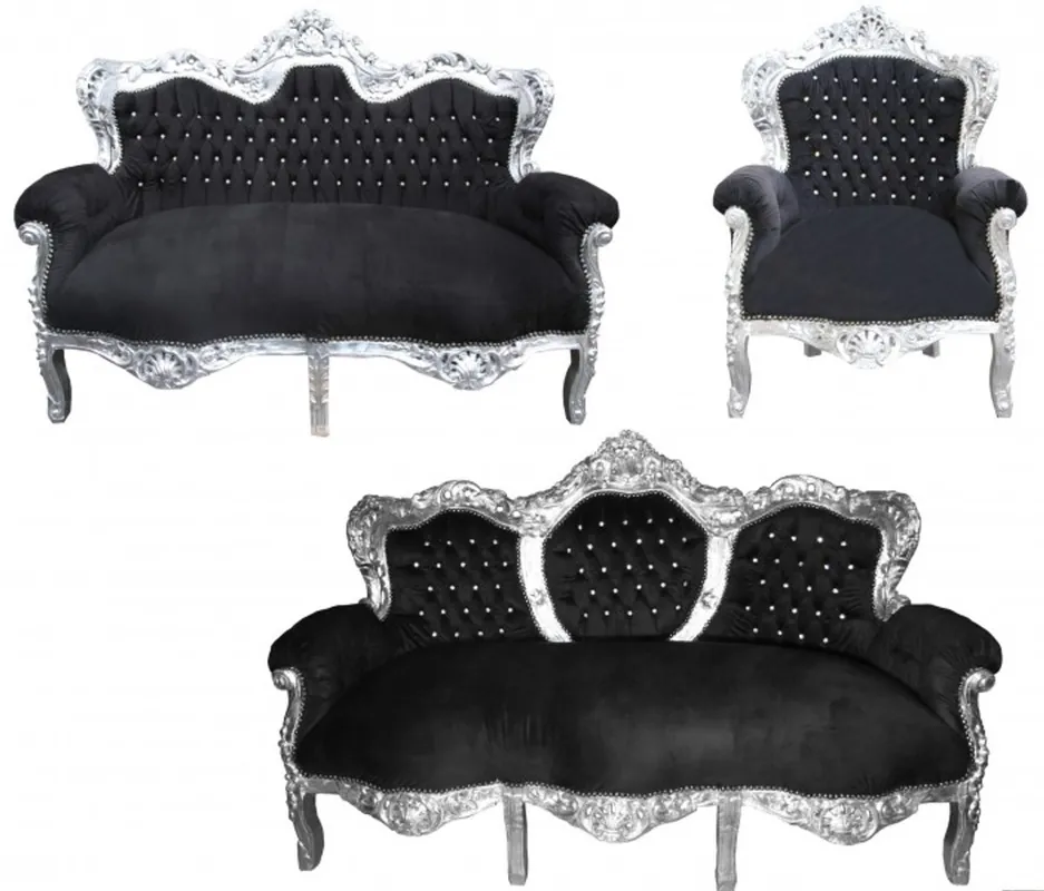 Neu Im Sortiment Casa Padrino Barock Wohnzimmer Set "King" Schwarz / Silber - 3-er Sofa + 2-er Sofa + 1 Sessel