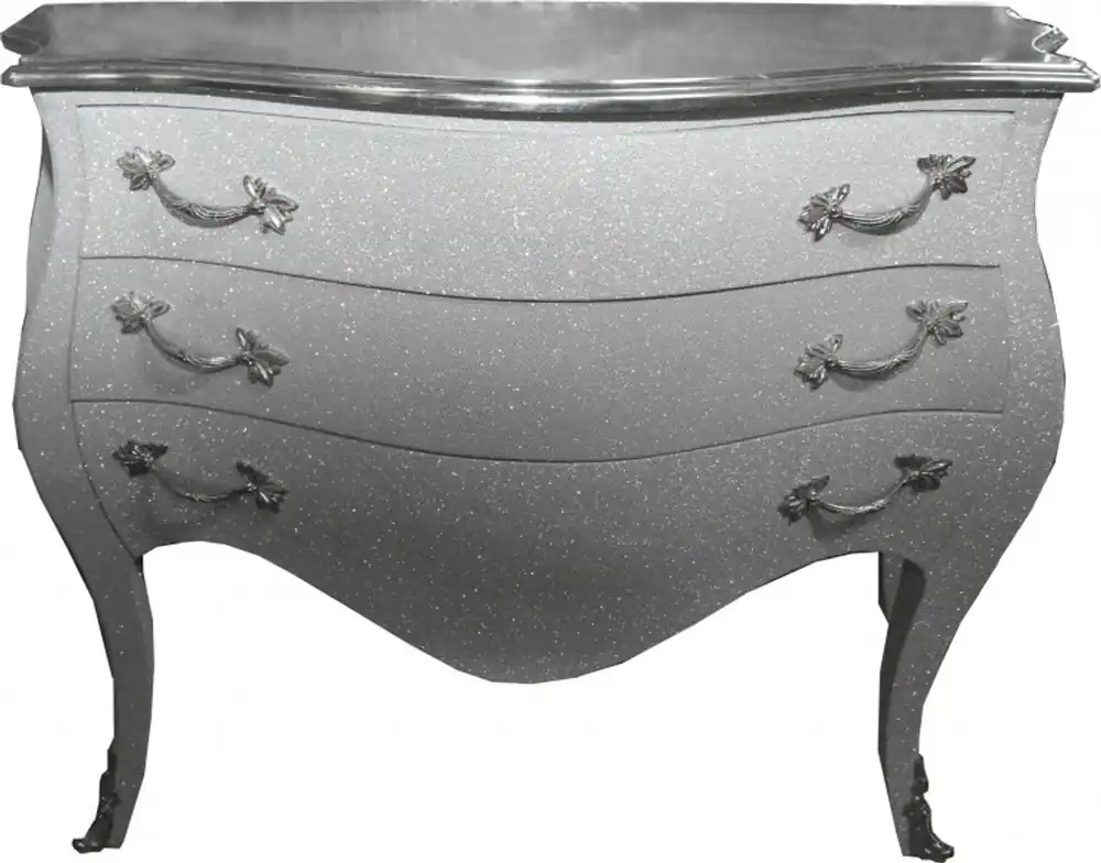 Casa Padrino Barock Kommode Weiß / Glitzerlook 120cm mit silberner Oberplatte Neu