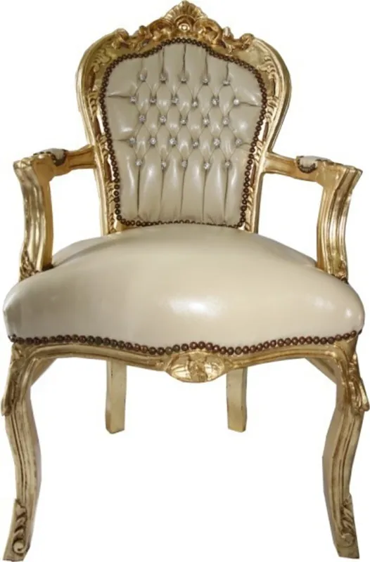 Casa Padrino Barock Esszimmer Stuhl mit Armlehnen Creme Lederoptik / Gold - Möbel Neue Kollektion