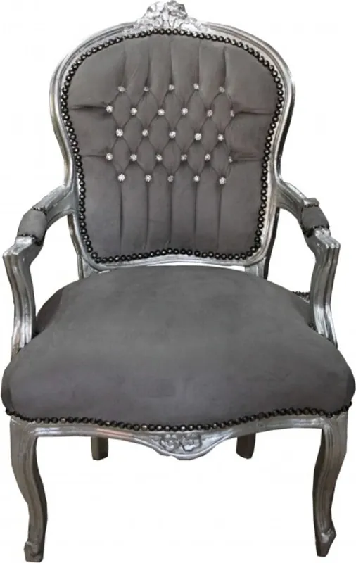 Preisknaller Casa Padrino Barock Salon Stuhl Grau / Silber mit Bling Bling Glitzersteinen - Möbel Antik Stil