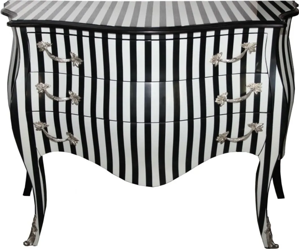 Preiswert Casa Padrino Barock Kommode Schwarz/Weiss Streifen 122 cm mit silbernen Metallapplikationen - Antik Stil
