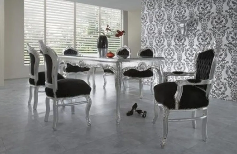 Casa Padrino Barock Esszimmer Set Schwarz/Silber/Silber - Esstisch + 6 Stühle Nur Heute