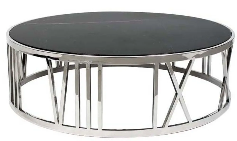 Casa Padrino Luxus Art Deco Couchtisch Rund Edelstahl poliert mit Marmor Platte - Luxus Kollektion Neuheit