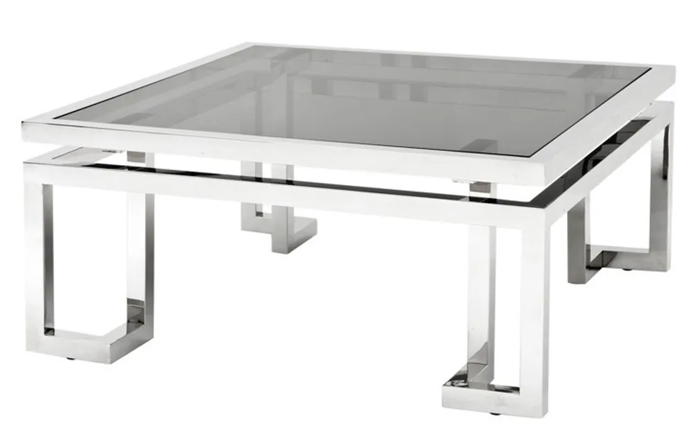 Must-Have Casa Padrino Luxus Art Deco Designer Couchtisch Edelstahl poliert mit Rauchglas - Luxus Kollektion