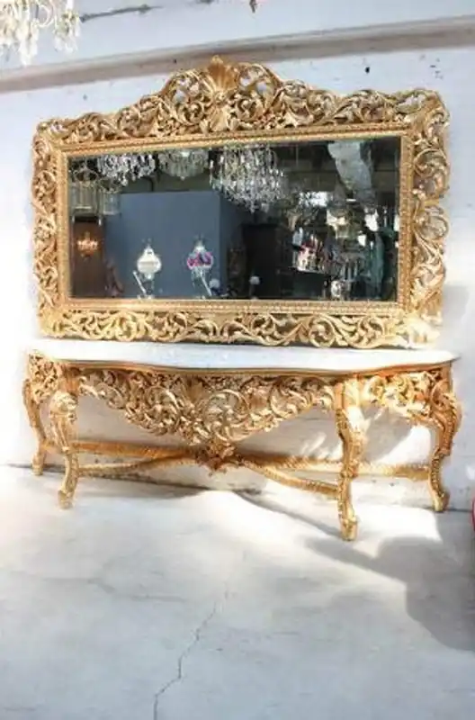 Heißes Angebot Riesige Casa Padrino Barock Spiegelkonsole Gold mit weißer Marmorplatte - Luxus Wohnzimmer Möbel Konsole mit Spiegel