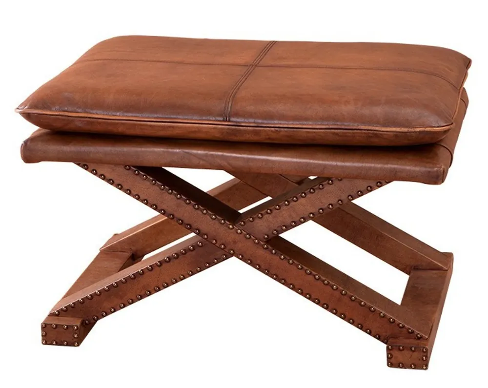 Casa Padrino Luxus Echt Leder Hocker Braun mit Nieten - Leder Möbel Sichere Zahlung