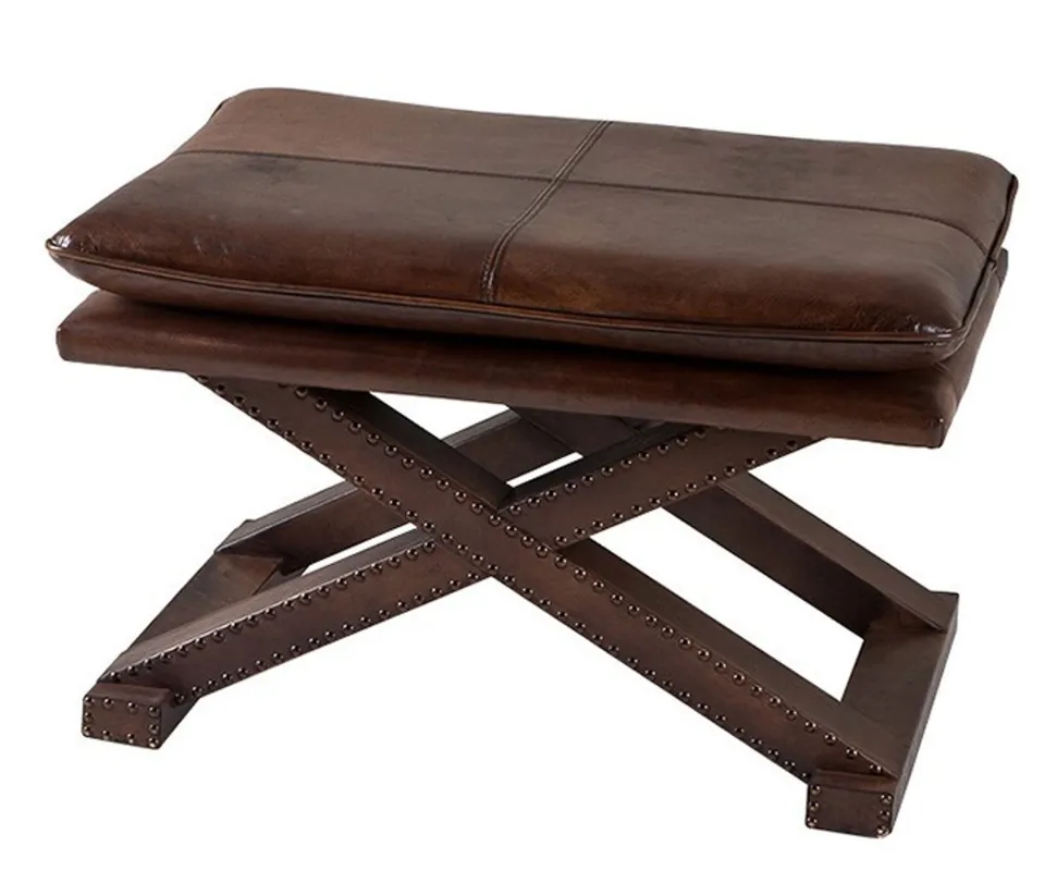 Kracherpreis Casa Padrino Luxus Echt Leder Hocker Dunkelbraun mit Nieten - Leder Möbel