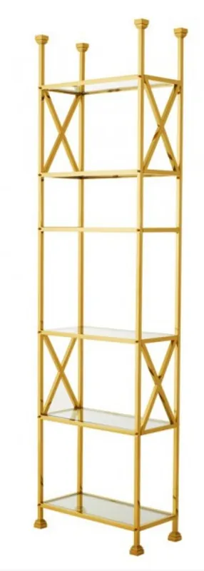 Casa Padrino Luxus Regal Schrank Edelstahl Gold mit Glasböden B 65 x H 230 cm Bücherregal Regal Schrank - Art Deco Möbel Neue Kollektion