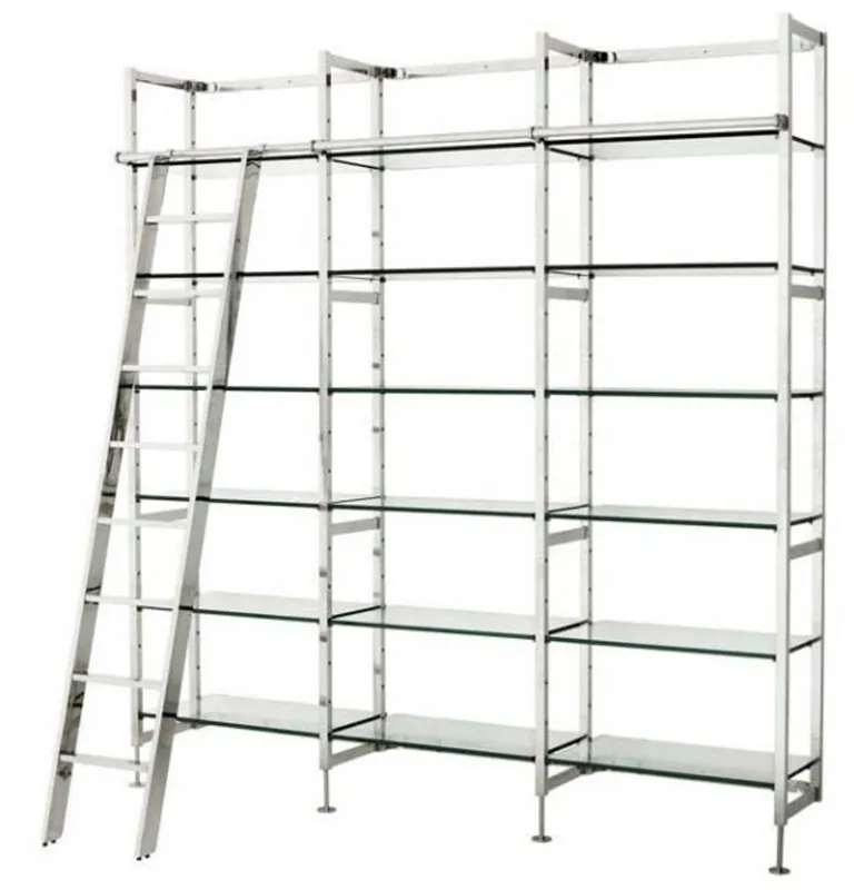 Bestpreis Casa Padrino Luxus Regal Schrank Edelstahl Poliert mit Glasböden und Leiter B 223 x H 245 cm Bücherregal Regal Schrank - Art Deco Möbel