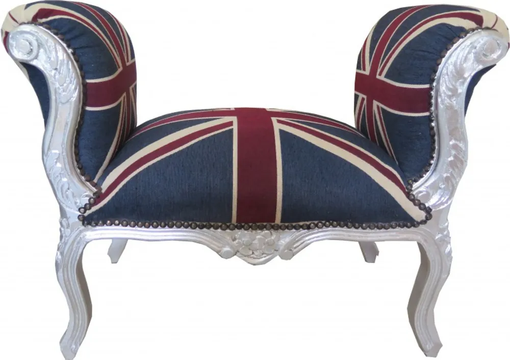 Casa Padrino Barock Schemel Hocker Union Jack / Silber - Sitzbank Markenprodukt