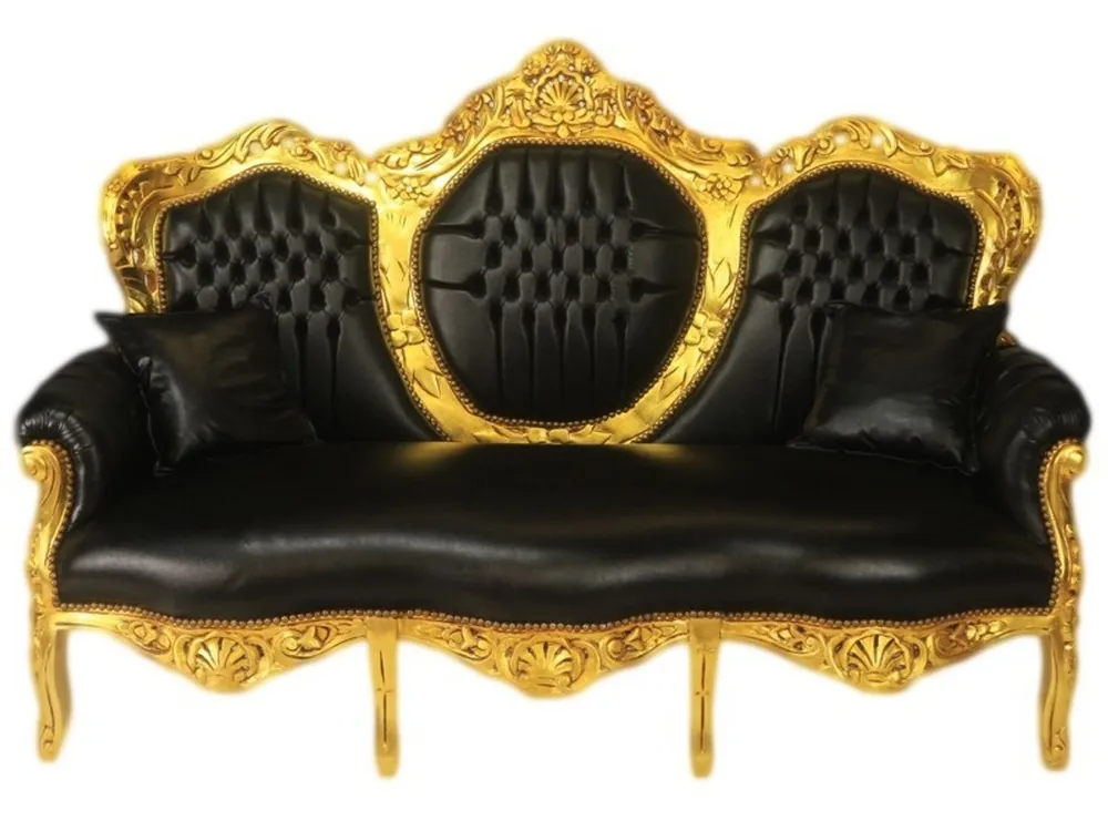 Casa Padrino Barock 3er Sofa King Schwarz Lederoptik / Gold - Wohnzimmer Couch Möbel Lounge Neu