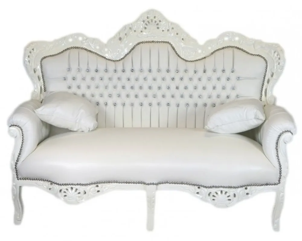 Casa Padrino Barock 2er Sofa Master Weiß Lederoptik / Weiß mit Bling Bling Glitzersteinen - Wohnzimmer Couch Möbel Lounge Knallerangebot