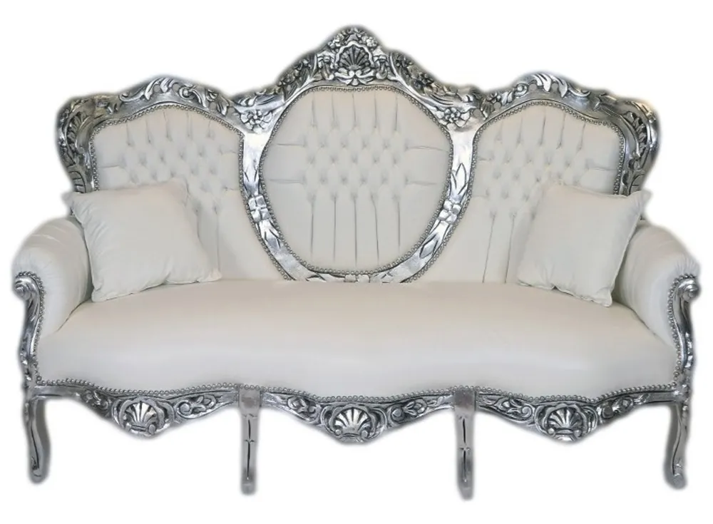 Casa Padrino Barock 3er Sofa King Weiß Lederoptik / Silber - Wohnzimmer Couch Möbel Lounge Beliebt