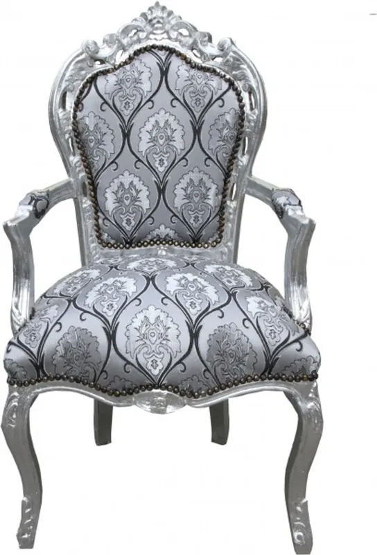 Casa Padrino Barock Esszimmer mit Armlehnen Silber-Schwarz Muster / Silber - Antik Stil Möbel Zertifiziert