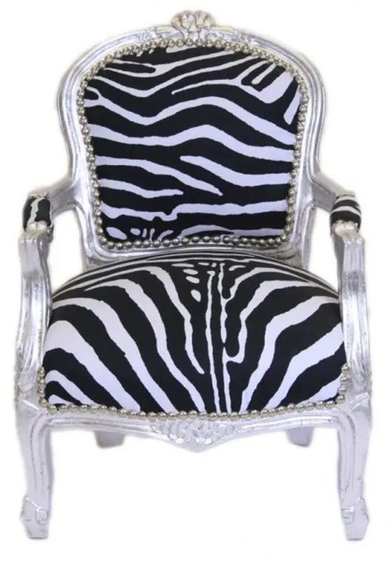 Knallerangebot Casa Padrino Barock Kinder Stuhl Zebra / Silber - Armlehnstuhl - Antik Stil Möbel