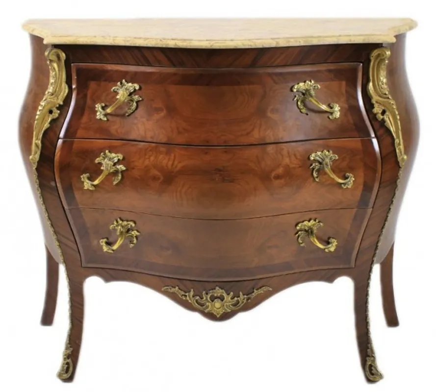 Französische Barock Kommode Braun mit cremefarbener Marmorplatte 3 Schubladen von Casa Padrino Highlight