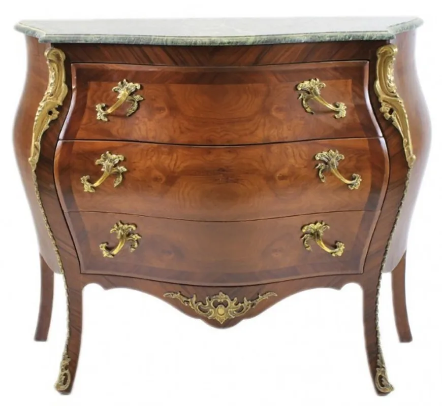 Französische Barock Kommode Braun mit grüner Marmorplatte 3 Schubladen von Casa Padrino Markenware