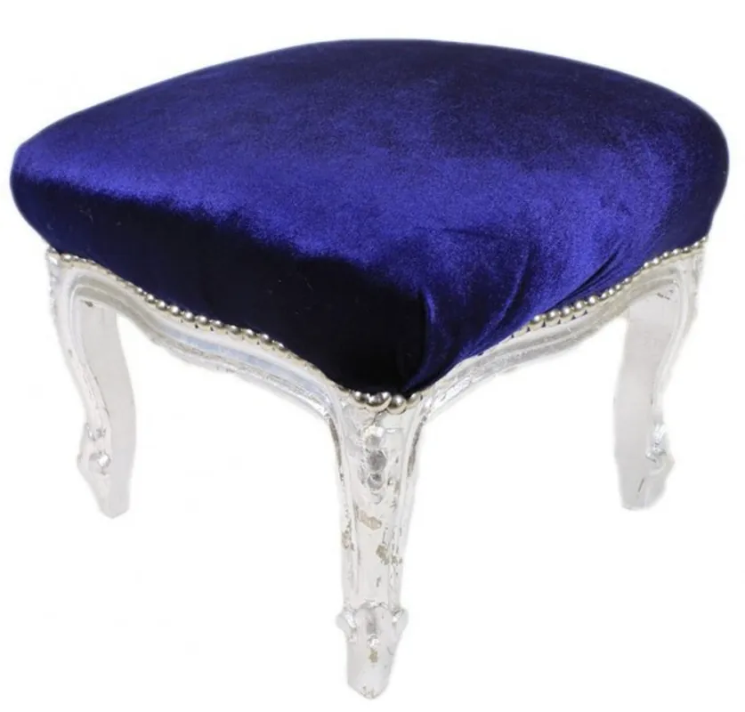 Casa Padrino Barock Fußhocker Royalblau / Silber - Antik Stil Möbel - Hocker Letzte Chance