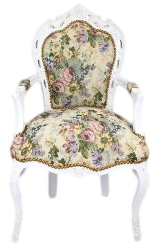 Casa Padrino Barock Esszimmer Stuhl mit Armlehnen Blumenmuster / Antik Weiß Top-Seller