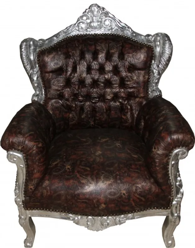 Casa Padrino Barock Sessel Lord Braun/Silber Lederoptik mit Drachenmotiv - Antik Stil Sale