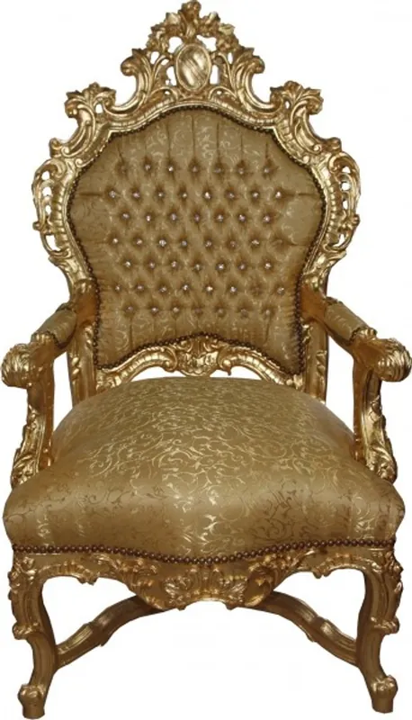Aktuell Casa Padrino Barock Luxus Thron Sessel Gold Muster/Gold mit Bling Bling Glitzersteinen - Unikat - Barock Möbel Thron Königssessel - Limited Edition