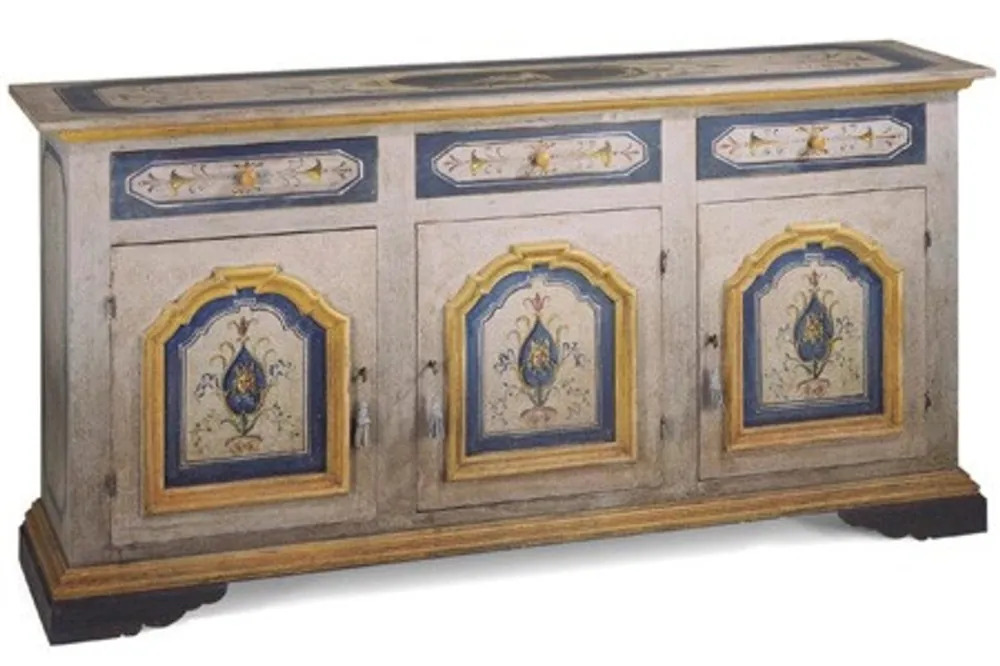 Neuheit Casa Padrino Vintage Look Barock Sideboard / Anrichte Weiß / Blau / Gelb handbemalt 205 cm - Hotel Collection