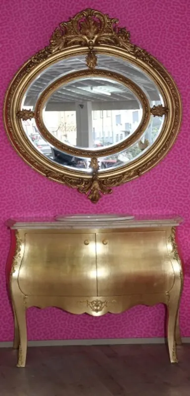 Sofort Bestellen Casa Padrino Luxus Barock Waschtisch mit cremfarbiger Marmorplatte inkl. Spiegel Rund Gold - Luxus Barock Badezimmermöbel