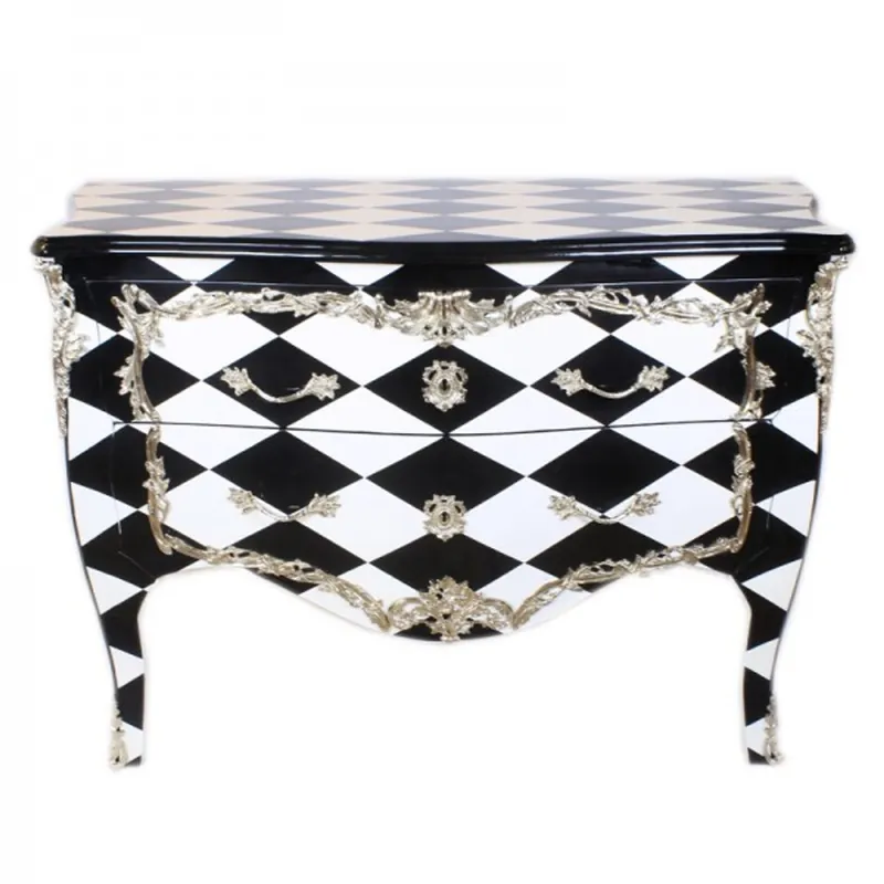 Abverkauf Casa Padrino Barock Kommode Schwarz / Weiß Karo / Silber 130 cm - Handgefertigt aus Massivholz