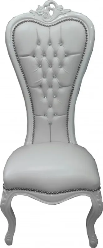 Nur Heute Casa Padrino Barock Thron Stuhl Queen Anne Weiß Lederoptik / Weiß mit Bling Bling Glitzersteinen - Hochlehnstuhl