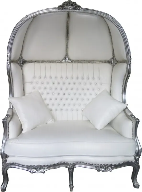 Expressversand Casa Padrino Barock 2er Ballon Sofa Weiß Lederoptik / Silber - Wohnzimmer Couch Möbel Lounge Hochzeit