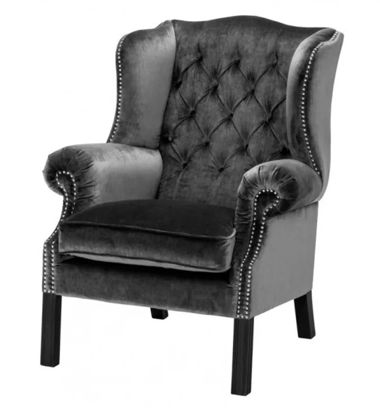 Casa Padrino Luxus Chesterfield Ohrensessel Grau / Schwarz - Sessel Möbel Kracherpreis