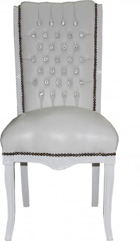 Casa Padrino Barock Hochlehner Esszimmer Weiss/Weiss mit Glitzersteinen - Hochlehnstuhl Möbel - Barock Möbel Preis Gesenkt