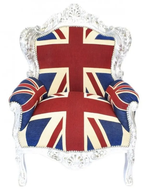 Begrenztes Angebot Casa Padrino Barock Sessel "King" Union Jack / Silber - Möbel Antik Stil- Englische Flagge
