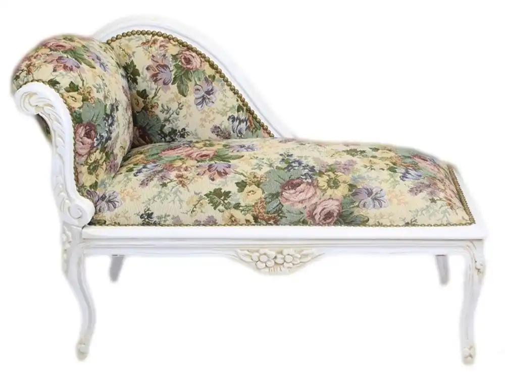 Casa Padrino Barock Kinder Chaiselongue Blumen Muster / Antik Weiss - Recamiere Barock Möbel Kindersofa Abverkauf