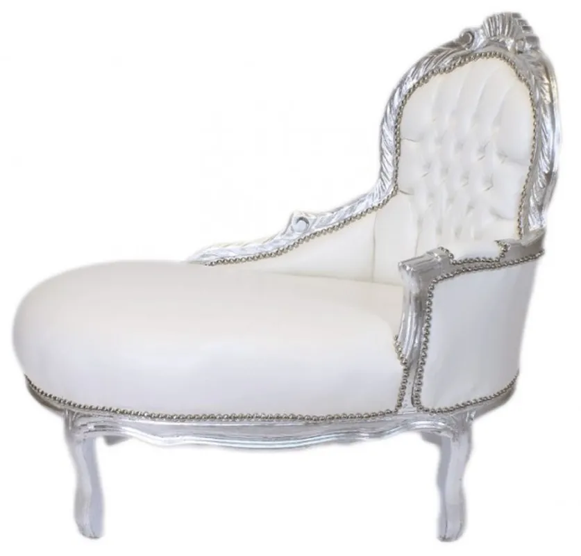 Casa Padrino Barock Kinder Chaiselongue Weiß Lederoptik / Silber Mod2 - Barock Möbel Sofort Bestellen