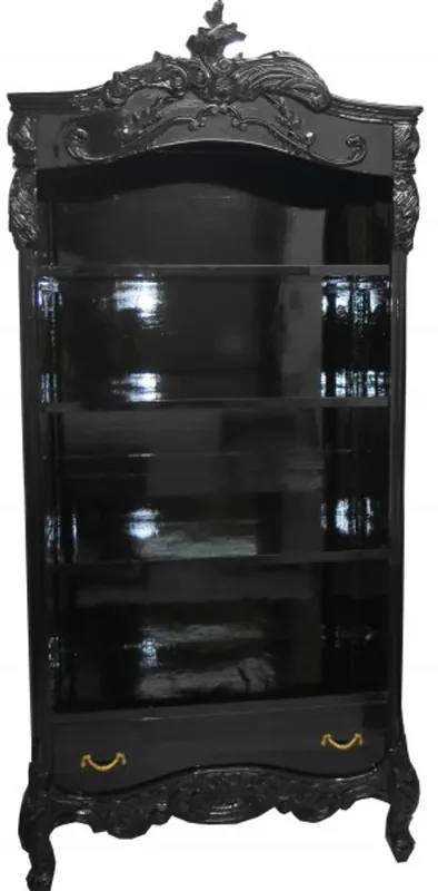 Casa Padrino Barock Bücherschrank Schwarz / Gold Hochglanz B 85 x H 190 cm Bücherregal Regal Schrank Bestpreis