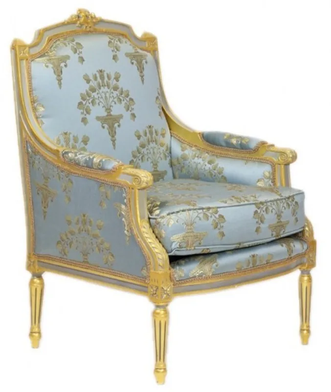 Finale Aktion Casa Padrino Barock Lounge Thron Sessel Empire Blau-Grau Gold Muster / Gold - Ohren Sessel - Ohrensessel Tron Stuhl