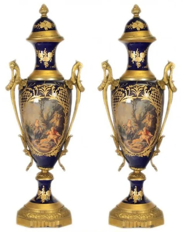 Jetzt Kaufen Casa Padrino Barock Porzellan Pokal Set Kobalt / Gold B20 H58 cm (2 Stück) - Grand Decor - Hotel Dekoration