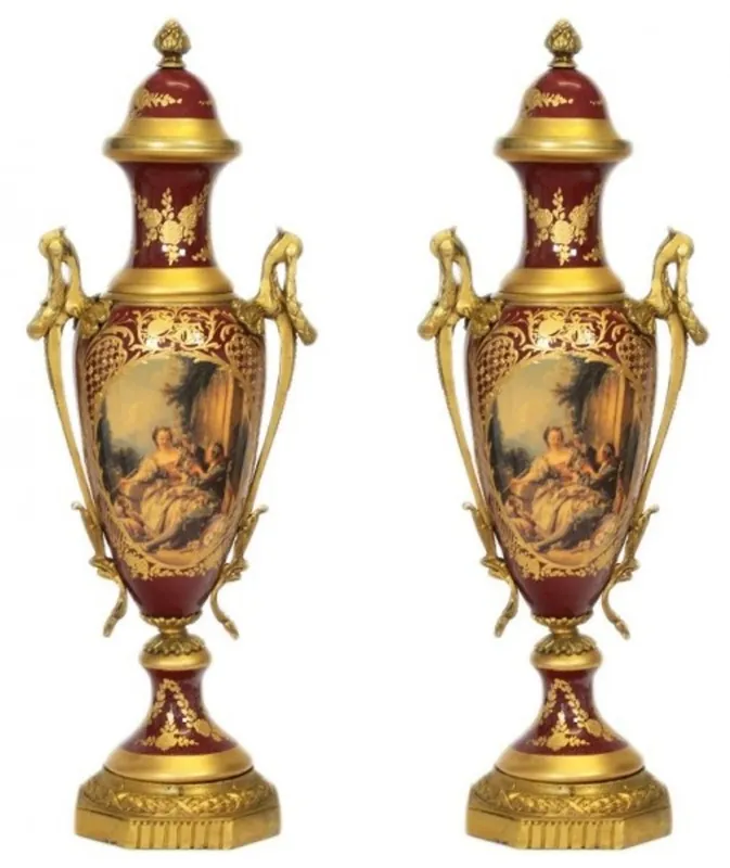 Rabatt Casa Padrino Barock Porzellan Pokal Set Bordeaux Rot / Gold B20 H58 cm (2 Stück) - Grand Decor - Hotel Dekoration