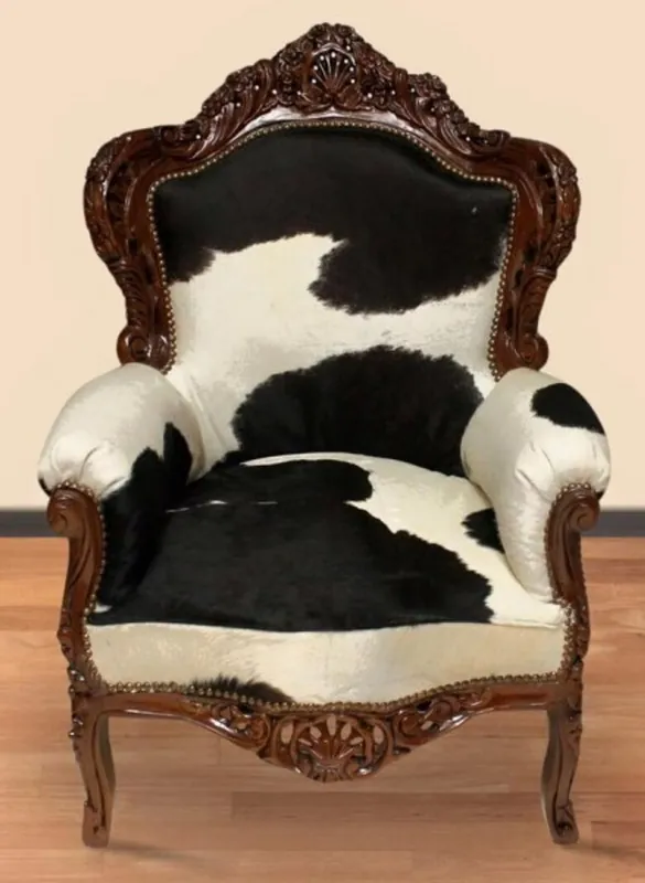 Casa Padrino Barock Sessel King Kuhfell Schwarz-Weiß / Braun - Echtes Kuh Fell Billig