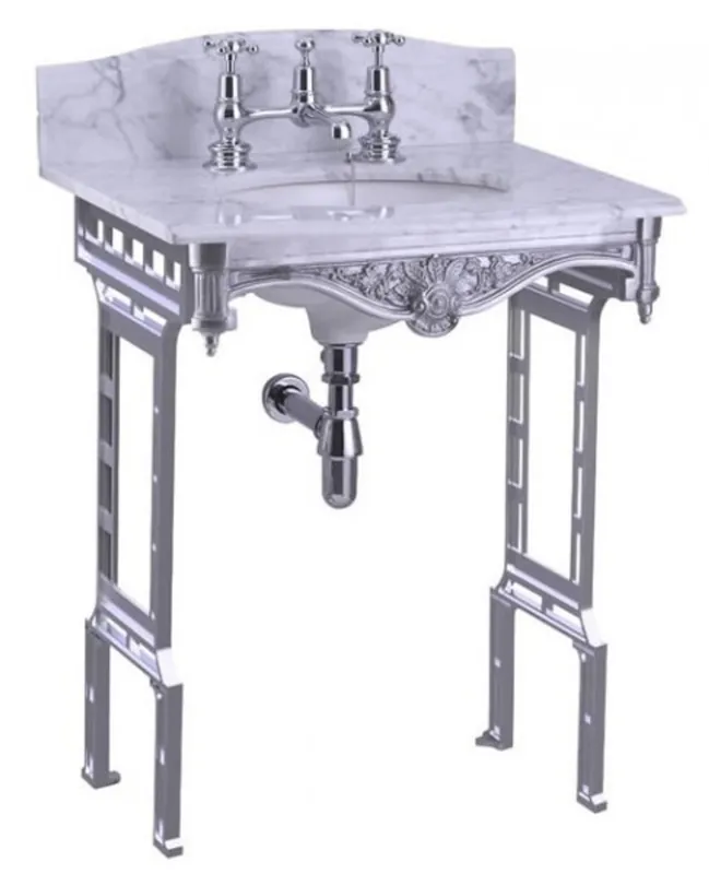 Casa Padrino Luxus Jugendstil Stand Waschtisch Weiß / Aluminium mit Marmorplatte mit Spritzschutz hinten - Barock Waschbecken Barockstil Antik Stil Preis Gesenkt