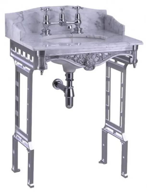 Begrenztes Angebot Casa Padrino Luxus Jugendstil Stand Waschtisch Weiß / Aluminium mit Marmorplatte mit Spritzschutz hinten und seitlich - Barock Waschbecken Barockstil Antik Stil