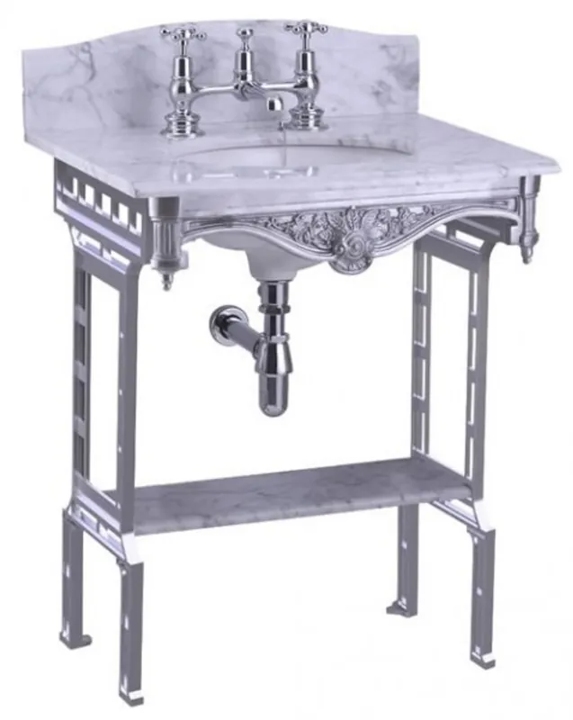Casa Padrino Luxus Jugendstil Stand Waschtisch Weiß / Aluminium mit Marmorplatte mit Spritzschutz hinten und Ablage Barock Waschbecken Barockstil Antik Stil Sonderangebot