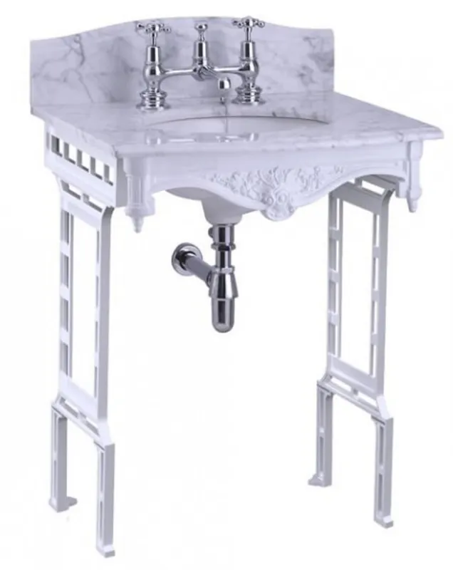Casa Padrino Luxus Jugendstil Stand Waschtisch Weiß / Weiß mit Marmorplatte mit Spritzschutz hinten - Barock Waschbecken Barockstil Antik Stil Meistverkauft