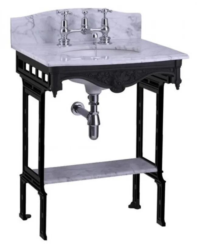 Casa Padrino Luxus Jugendstil Stand Waschtisch Weiß / Schwarz mit Marmorplatte mit Spritzschutz hinten und Ablage Barock Waschbecken Barockstil Antik Stil Finale Aktion